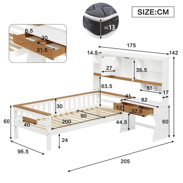 90x200cm Barnsäng i massivt trä - med lådor, hylla och skrivbord - med vitt skydd + naturlig