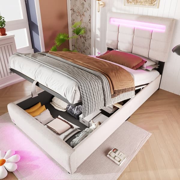 Polstret seng 90x200cm - Med LED Lampe - Hør - Beige
