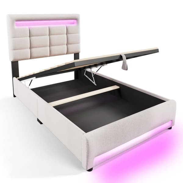 Polstret seng 90x200cm - Med LED Lampe - Hør - Beige