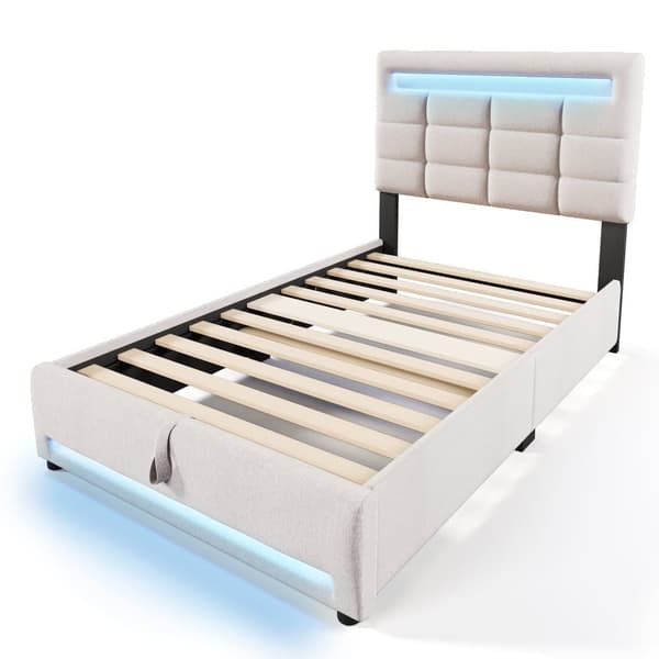 Polstret seng 90x200cm - Med LED Lampe - Hør - Beige
