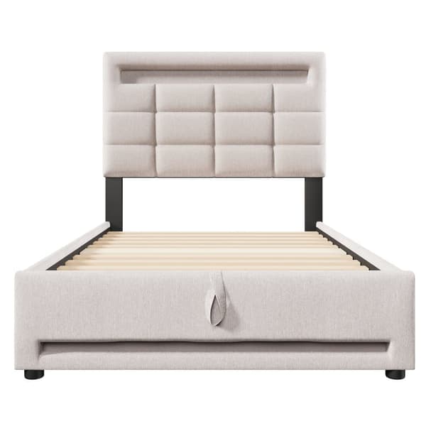 Polstret seng 90x200cm - Med LED Lampe - Hør - Beige