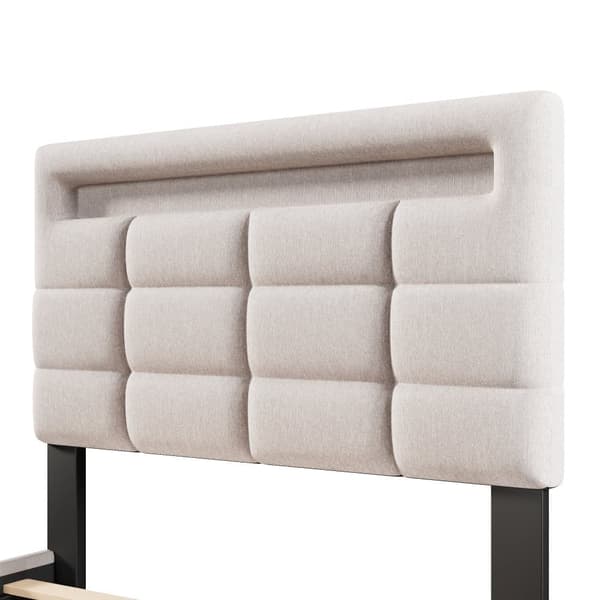 Polstret seng 90x200cm - Med LED Lampe - Hør - Beige