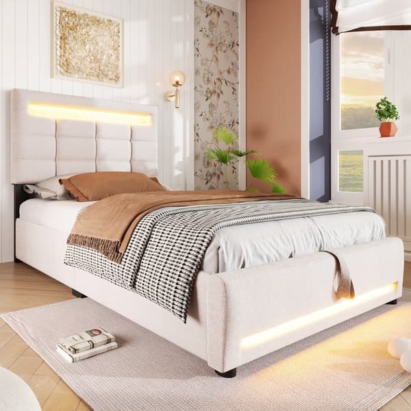Polstret seng 90x200cm - Med LED Lampe - Hør - Beige