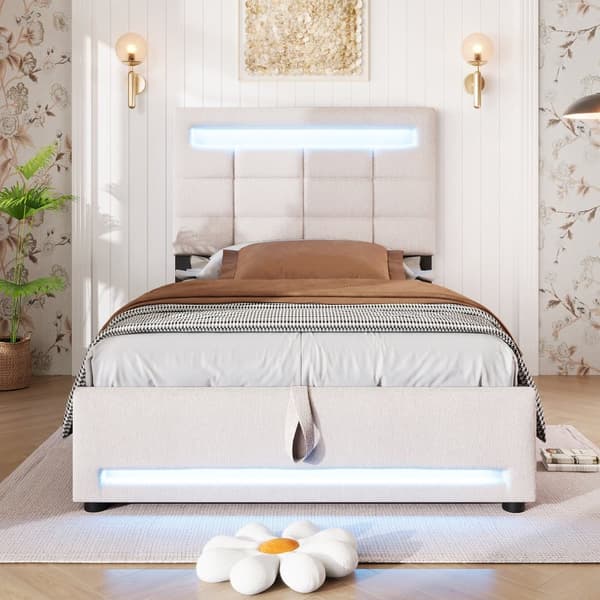 Polstret seng 90x200cm - Med LED Lampe - Hør - Beige