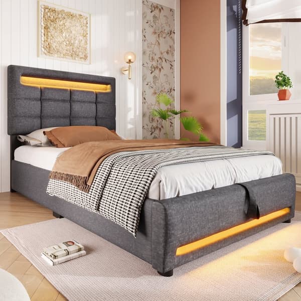 Sengebryst 90x200cm - Med LED-lampe - Hør - Grå