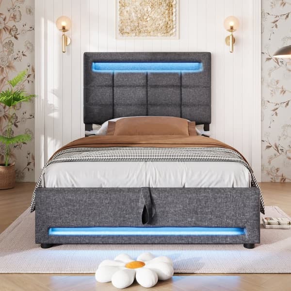 Sengebryst 90x200cm - Med LED-lampe - Hør - Grå