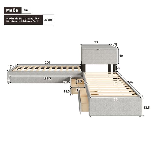 Sovesofa 90x200cm - 2 enkeltsenge - Med sovesofa - Med opbevaring - Med 1 skuffe - Grå