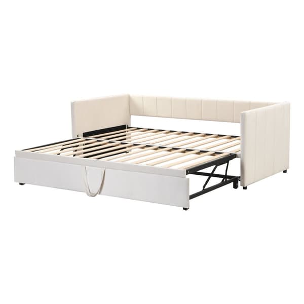 Klädd bäddsoffa 90/180x200cm sammetstyg bäddsoffa med spjälbotten - Beige