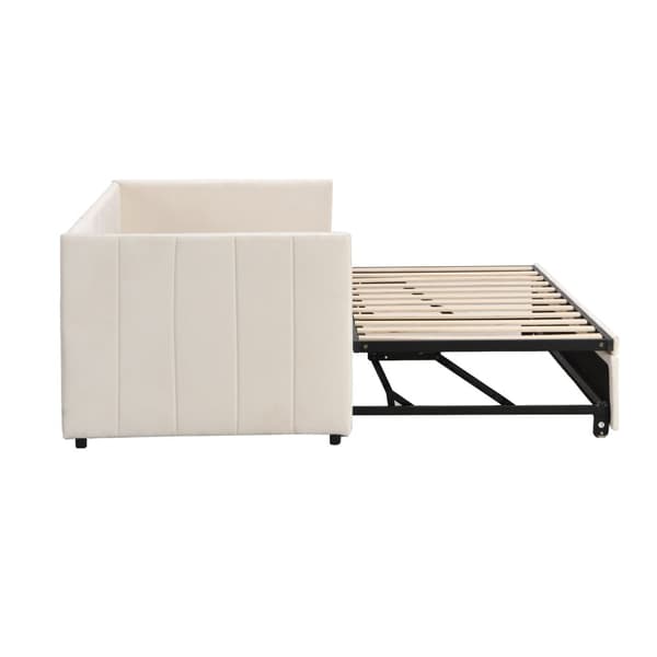 Klädd bäddsoffa 90/180x200cm sammetstyg bäddsoffa med spjälbotten - Beige