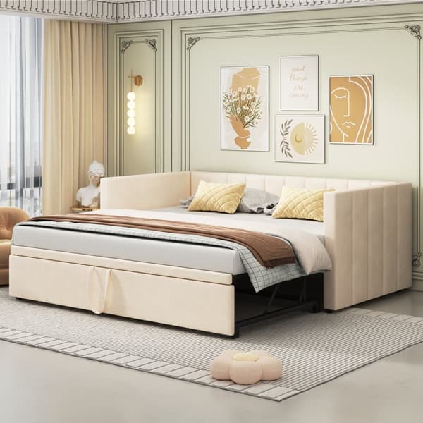 Klädd bäddsoffa 90/180x200cm sammetstyg bäddsoffa med spjälbotten - Beige