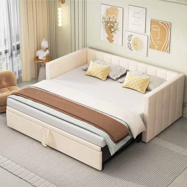 Klädd bäddsoffa 90/180x200cm sammetstyg bäddsoffa med spjälbotten - Beige