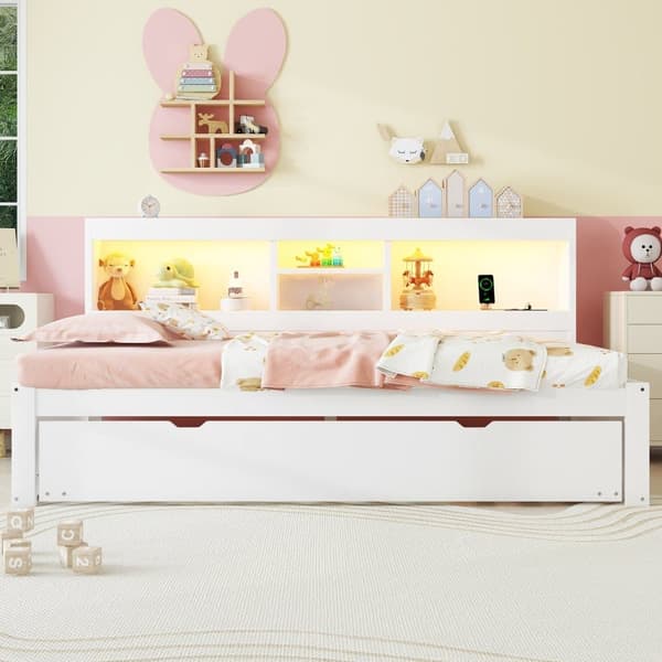 Daybed 90x200cm Avec Un Lit Gigogne 90x190cm - Sengekommode med LED og stik, hvid