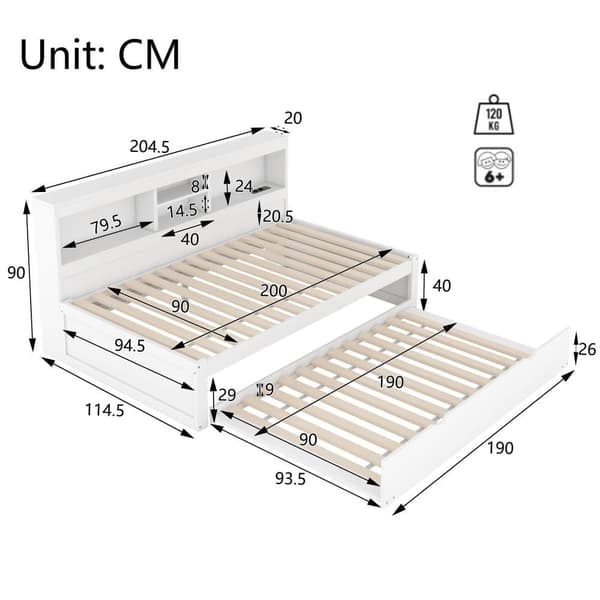 Daybed 90x200cm Avec Un Lit Gigogne 90x190cm - Sengekommode med LED og stik, hvid
