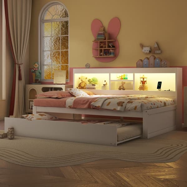 Daybed 90x200cm Avec Un Lit Gigogne 90x190cm - Sengekommode med LED og stik, hvid