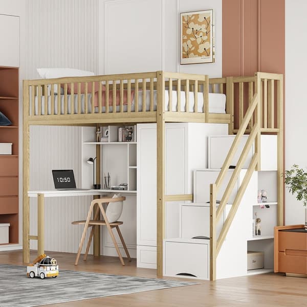 Parvisänky 90x200 cm - Vaatekaapilla ja työpöydällä - Puinen sängynrunko - valkoinen ja luonnonvärinen