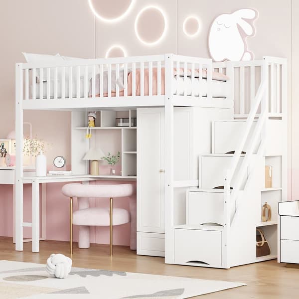 Mezzanin seng 90x200 cm - Med Garderobe og Skrivebord - Sengestel i træ - Hvid