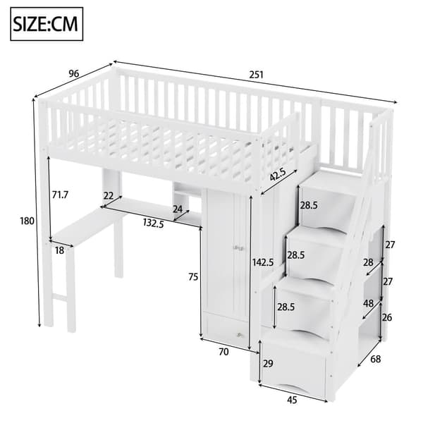 Mezzanin seng 90x200 cm - Med Garderobe og Skrivebord - Sengestel i træ - Hvid