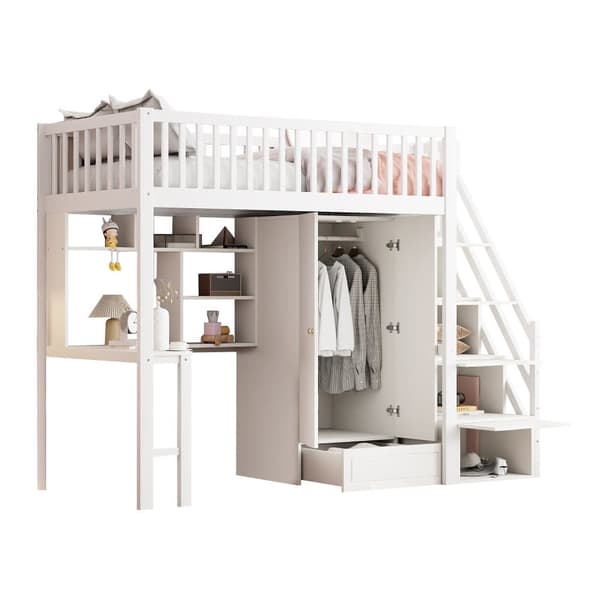 Mezzanin seng 90x200 cm - Med Garderobe og Skrivebord - Sengestel i træ - Hvid