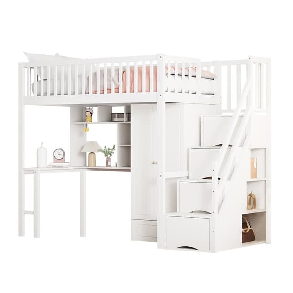 Mezzanin seng 90x200 cm - Med Garderobe og Skrivebord - Sengestel i træ - Hvid