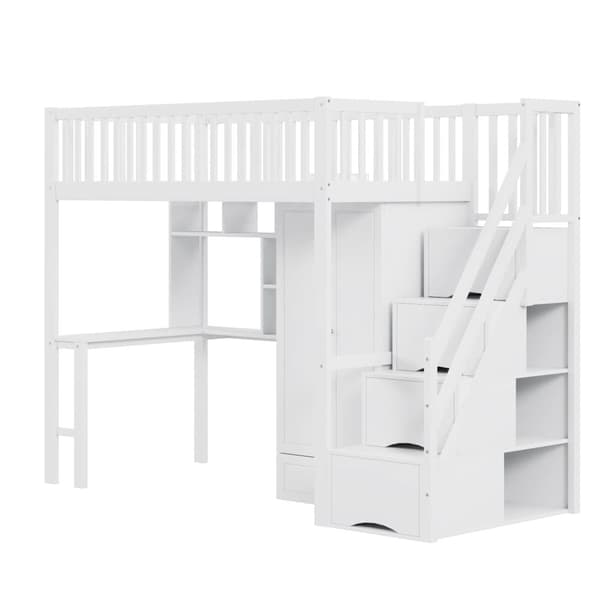 Mezzanin seng 90x200 cm - Med Garderobe og Skrivebord - Sengestel i træ - Hvid