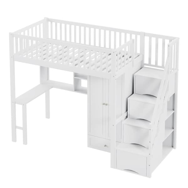 Mezzanin seng 90x200 cm - Med Garderobe og Skrivebord - Sengestel i træ - Hvid