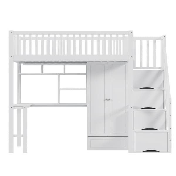 Mezzanin seng 90x200 cm - Med Garderobe og Skrivebord - Sengestel i træ - Hvid