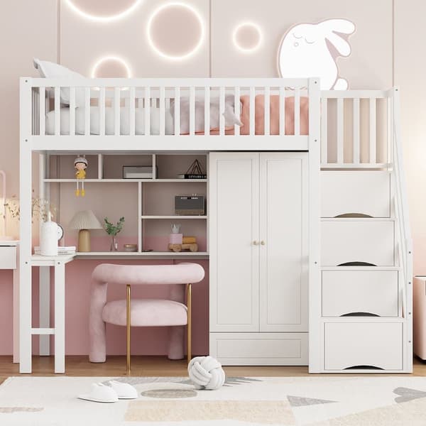 Mezzanin seng 90x200 cm - Med Garderobe og Skrivebord - Sengestel i træ - Hvid