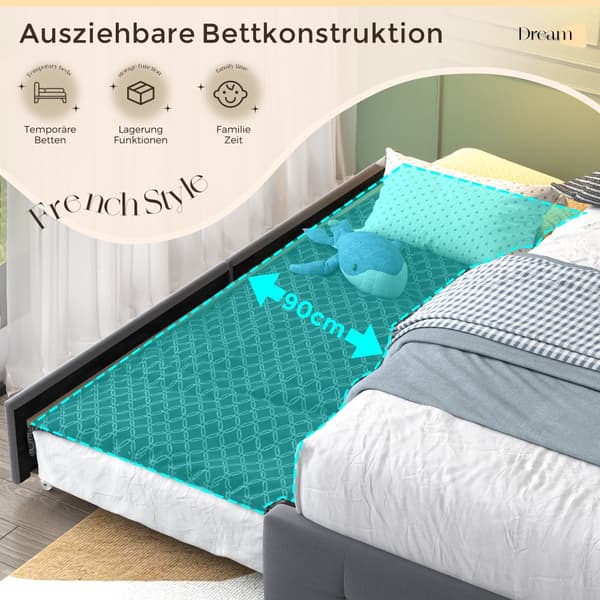 Dobbeltseng med USB-opladningshovedgærde, Udtræksseng, Polstret sengeramme med LED-belysning og 2 opbevaringsbokse, 160x200 cm