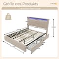 Miniatyrbillede 4 af 11: Dobbeltseng 140x200 cm med USB-sengegavl, LED-belysning, udtræksseng og 2 opbevaringsbokse – Beige fløjlssengestel med lamelbund i træ