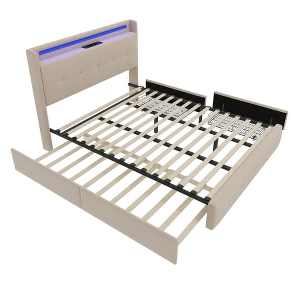 Dobbeltseng 140x200 cm med USB-sengegavl, LED-belysning, udtræksseng og 2 opbevaringsbokse – Beige fløjlssengestel med lamelbund i træ