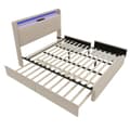 Miniatyrbillede 5 af 11: Dobbeltseng 140x200 cm med USB-sengegavl, LED-belysning, udtræksseng og 2 opbevaringsbokse – Beige fløjlssengestel med lamelbund i træ