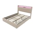 Miniatyrbillede 6 af 11: Dobbeltseng 140x200 cm med USB-sengegavl, LED-belysning, udtræksseng og 2 opbevaringsbokse – Beige fløjlssengestel med lamelbund i træ