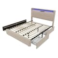 Miniatyrbillede 8 af 11: Dobbeltseng 140x200 cm med USB-sengegavl, LED-belysning, udtræksseng og 2 opbevaringsbokse – Beige fløjlssengestel med lamelbund i træ