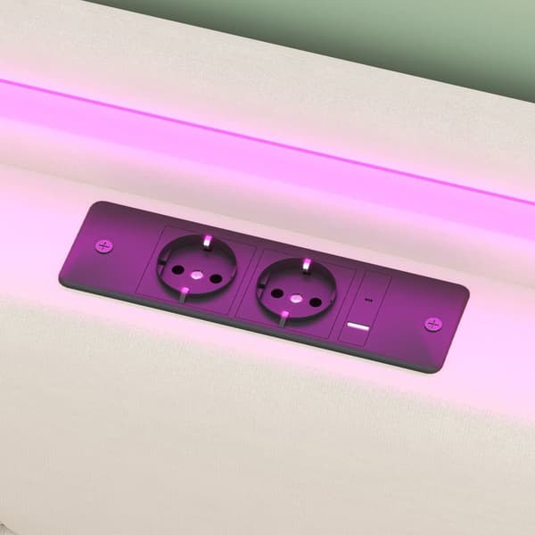 Dobbeltseng 140x200 cm med USB-sengegavl, LED-belysning, udtræksseng og 2 opbevaringsbokse – Beige fløjlssengestel med lamelbund i træ