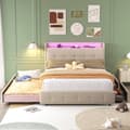 Miniatyrbillede 2 af 11: Dobbeltseng 140x200 cm med USB-sengegavl, LED-belysning, udtræksseng og 2 opbevaringsbokse – Beige fløjlssengestel med lamelbund i træ