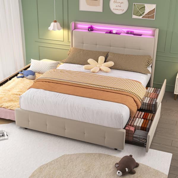 Dobbeltseng 140x200 cm med USB-sengegavl, LED-belysning, udtræksseng og 2 opbevaringsbokse – Beige fløjlssengestel med lamelbund i træ