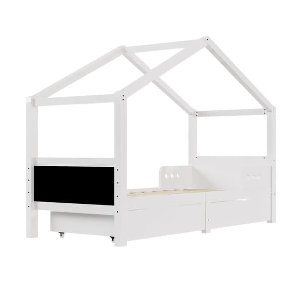 Barnsäng 90x200 cm med två lådor och fallskydd – Vit juniorsäng i massiv furu, stabil ribbotten, miljöcertifierat trä, utan madrass