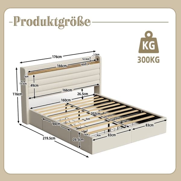 Stor Dubbel Säng 160x200 cm, Modern Säng med Sammetspolstring, Sänggavel med USB-Port och Förvaringsfunktion, 4 Lådor Under Sängen, Beige