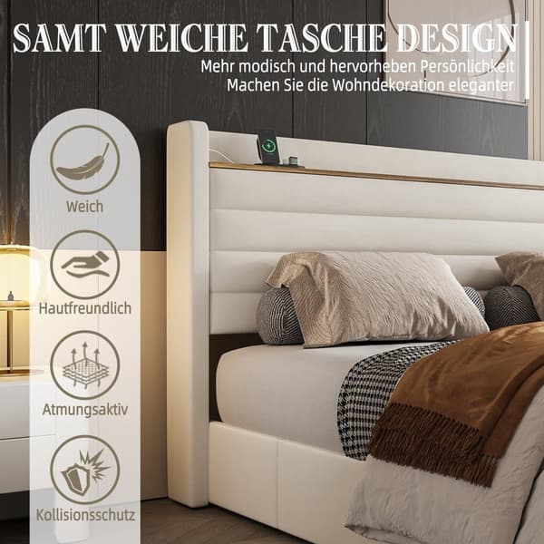 Stor Dubbel Säng 160x200 cm, Modern Säng med Sammetspolstring, Sänggavel med USB-Port och Förvaringsfunktion, 4 Lådor Under Sängen, Beige