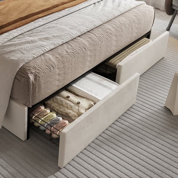 Stor Dubbel Säng 160x200 cm, Modern Säng med Sammetspolstring, Sänggavel med USB-Port och Förvaringsfunktion, 4 Lådor Under Sängen, Beige