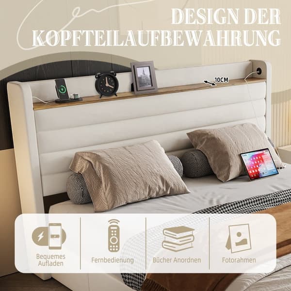 Stor Dubbel Säng 160x200 cm, Modern Säng med Sammetspolstring, Sänggavel med USB-Port och Förvaringsfunktion, 4 Lådor Under Sängen, Beige
