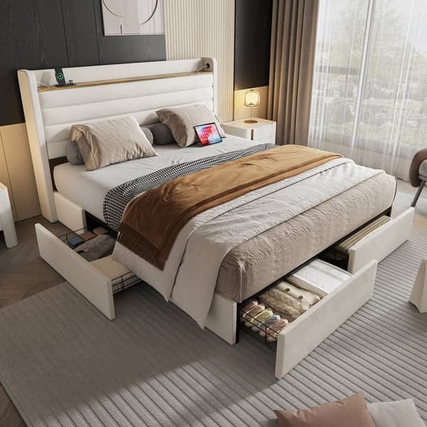 Stor Dubbel Säng 160x200 cm, Modern Säng med Sammetspolstring, Sänggavel med USB-Port och Förvaringsfunktion, 4 Lådor Under Sängen, Beige
