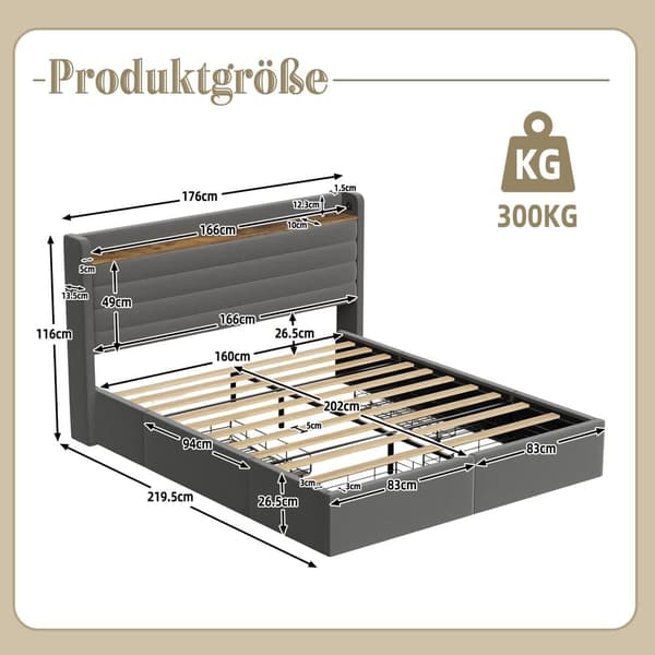 Modernt Dubbel Säng 160 x 200 cm, Sammetspolstrat, Med USB-Port och Förvaringsfunktion, 4 Lådor Under Sängen, Grå