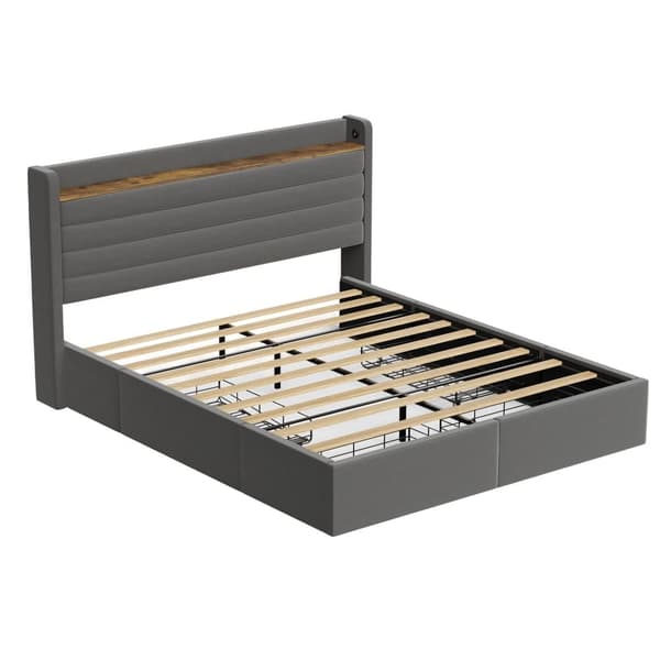 Modernt Dubbel Säng 160 x 200 cm, Sammetspolstrat, Med USB-Port och Förvaringsfunktion, 4 Lådor Under Sängen, Grå