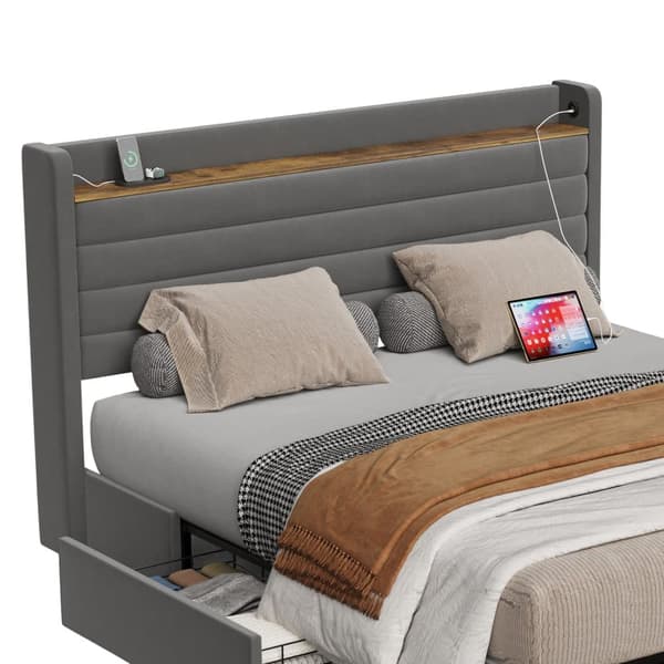 Modernt Dubbel Säng 160 x 200 cm, Sammetspolstrat, Med USB-Port och Förvaringsfunktion, 4 Lådor Under Sängen, Grå
