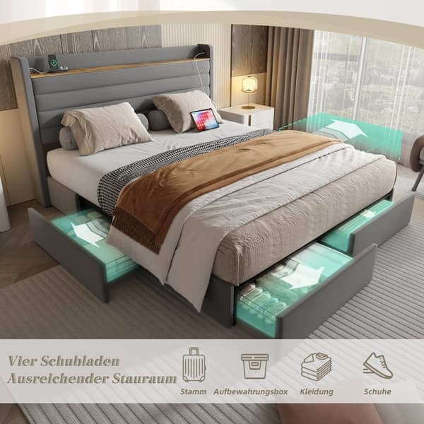 Modernt Dubbel Säng 160 x 200 cm, Sammetspolstrat, Med USB-Port och Förvaringsfunktion, 4 Lådor Under Sängen, Grå