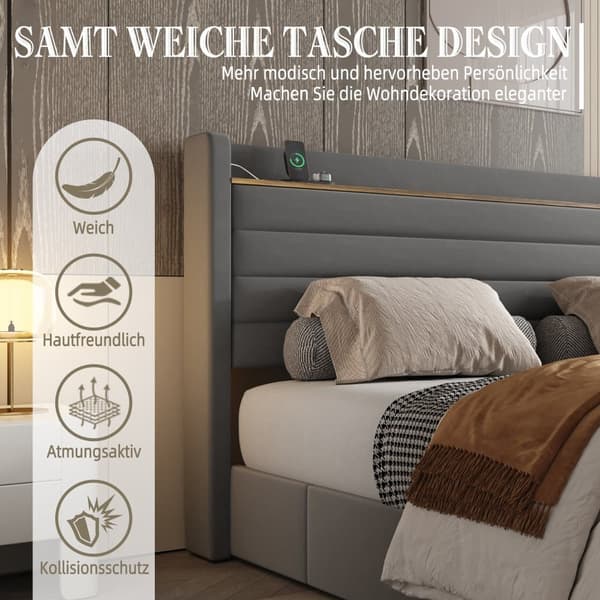 Modernt Dubbel Säng 160 x 200 cm, Sammetspolstrat, Med USB-Port och Förvaringsfunktion, 4 Lådor Under Sängen, Grå