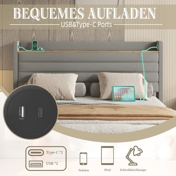 Modernt Dubbel Säng 160 x 200 cm, Sammetspolstrat, Med USB-Port och Förvaringsfunktion, 4 Lådor Under Sängen, Grå