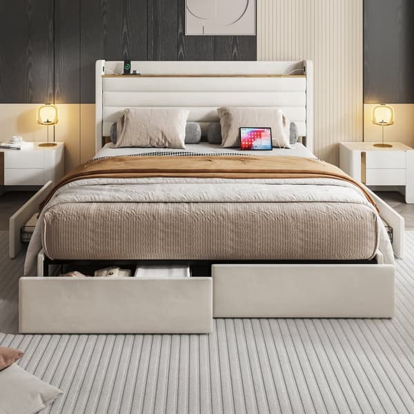 Moderne dobbeltseng 140x200 cm, Velour betrukket med USB-port og opbevaring i sengegavl, 4 opbevaringsskuffer under sengen, beige