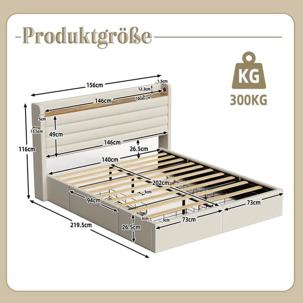 Moderne dobbeltseng 140x200 cm, Velour betrukket med USB-port og opbevaring i sengegavl, 4 opbevaringsskuffer under sengen, beige